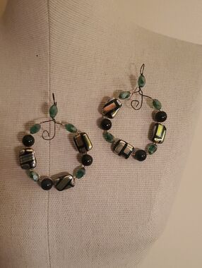 Green Bead and Iridescent Hoop Earrings - Women's Jewelry